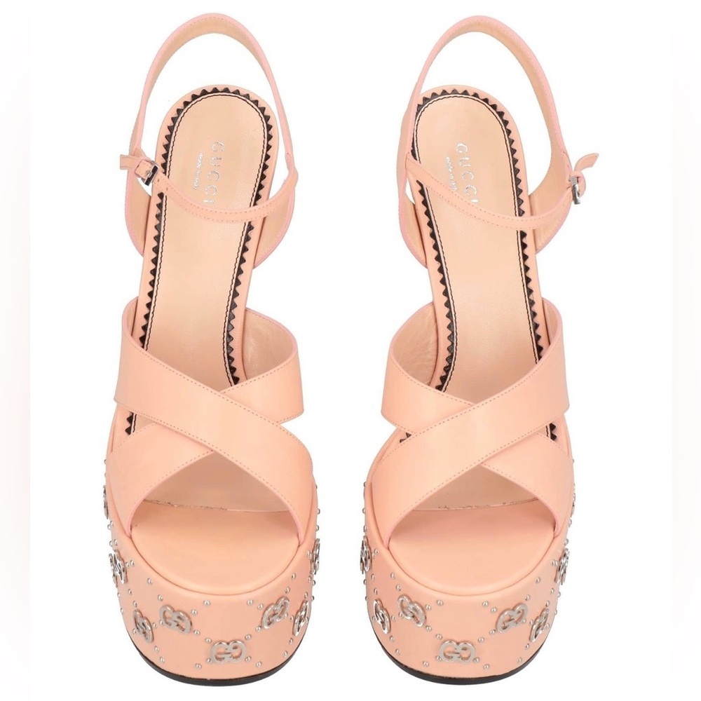 GUCCI GG Silver Malaga Platform Pink Leather Buckle Sandal Heels EU 40.5 Box NEW - Picture 4 of 10